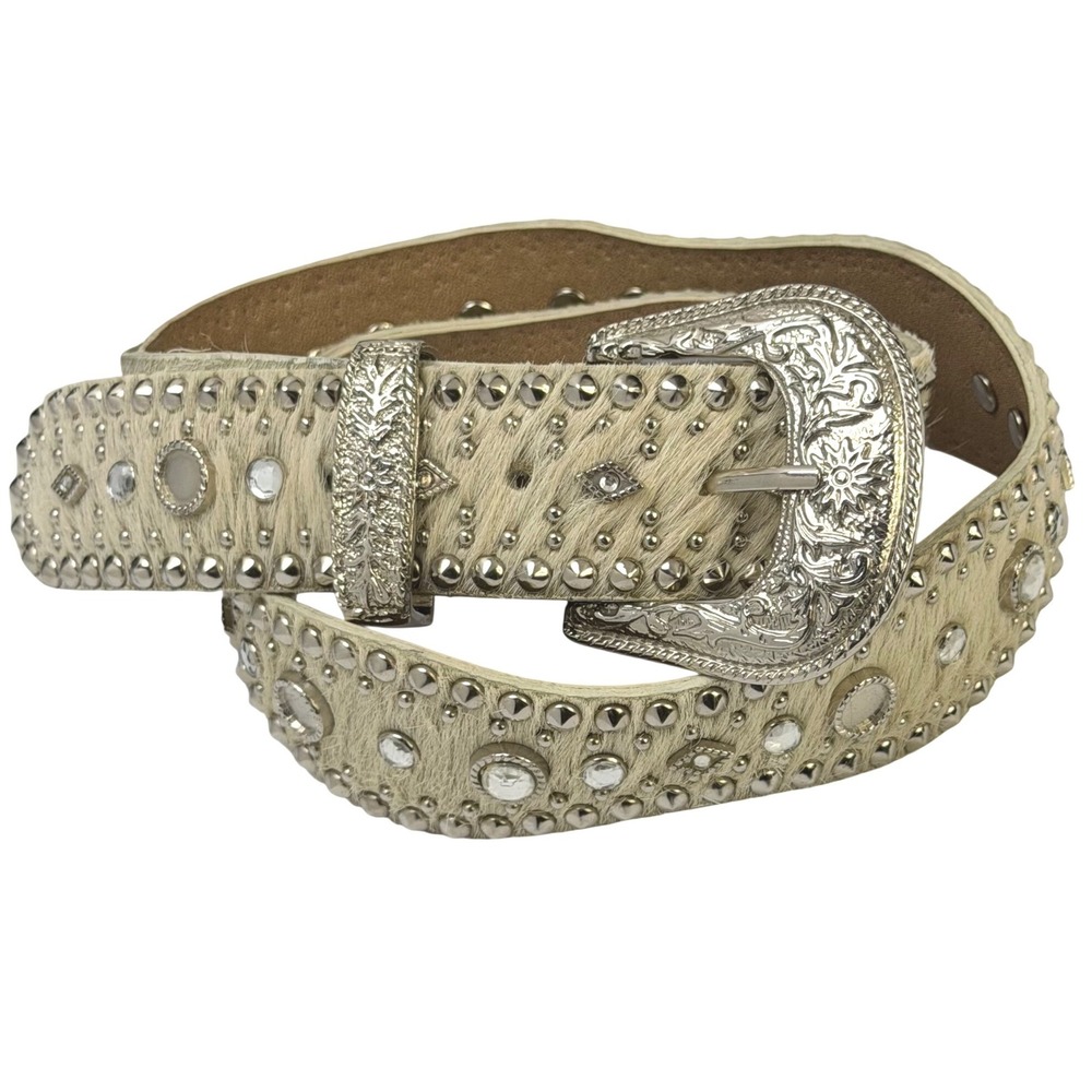Western Bling Belt Cream Hair on Hide Silver Studded Rhinestone Womens M Rodeo